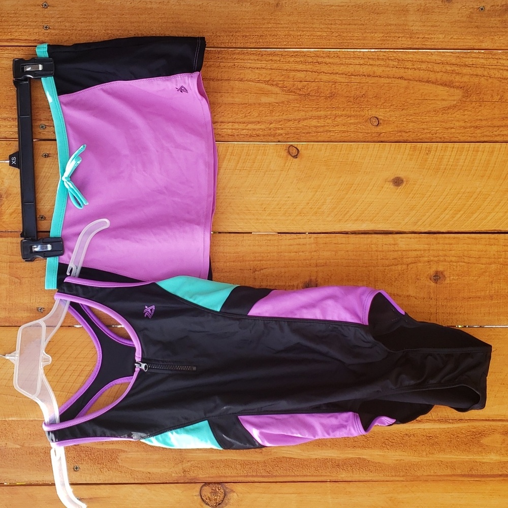 Zero Xposer One Piece Swimsuit + Swim Skirt Coverup Purple Black Teal 16